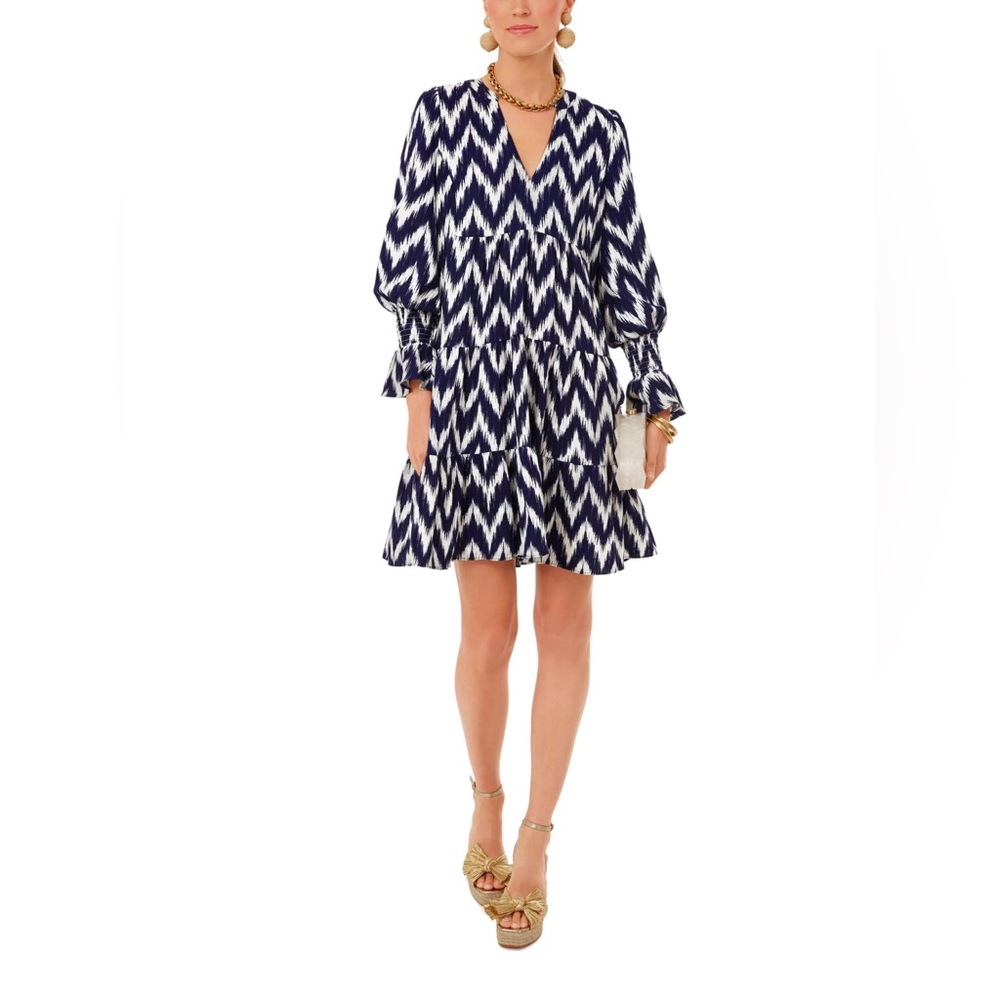 Pomander Place Navy and White Zigzag Tiered Mini Dress